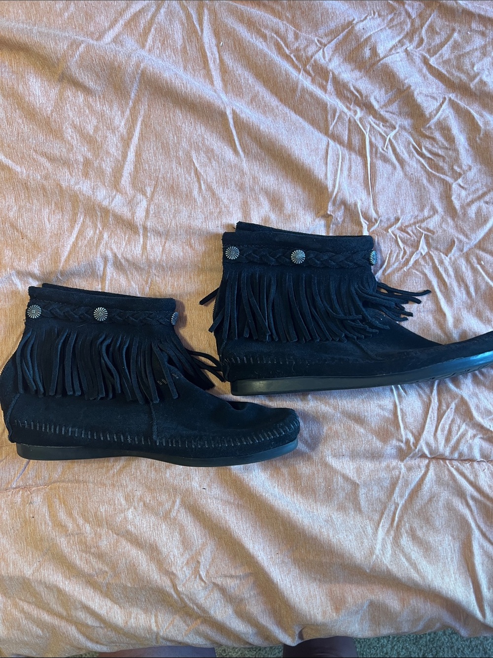 Minnetonka Black Suede Fringe Ankle Boots with Concho Accents